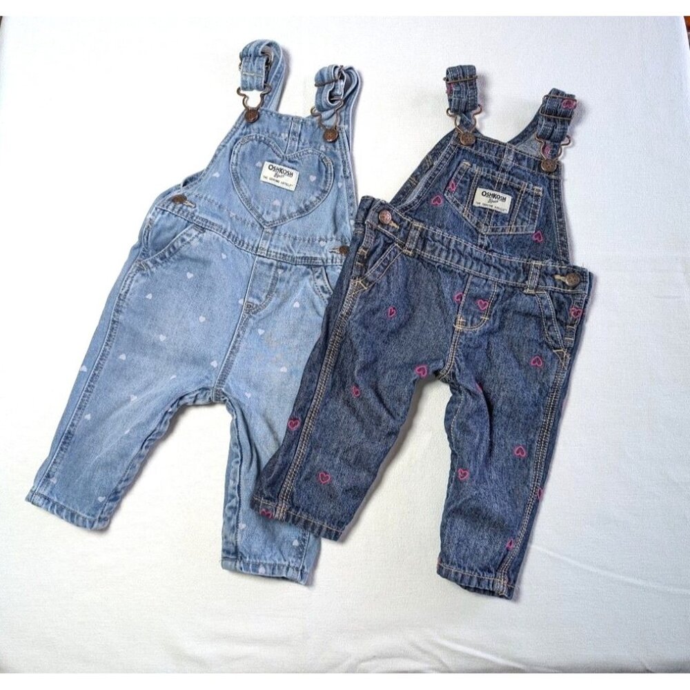 2‎ Set Oshkosh B'Gosh Bib Overalls Baby Infant Size 6 Months Hearts Embroidered